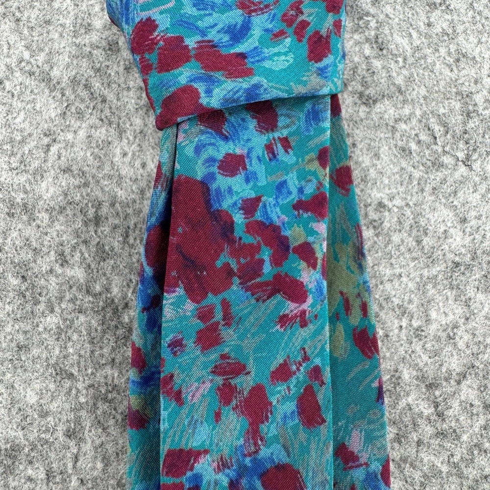 Strathmore Mens Silk Necktie Teal Burgundy Abstract Floral Impressionist Tie - Picture 2 of 3
